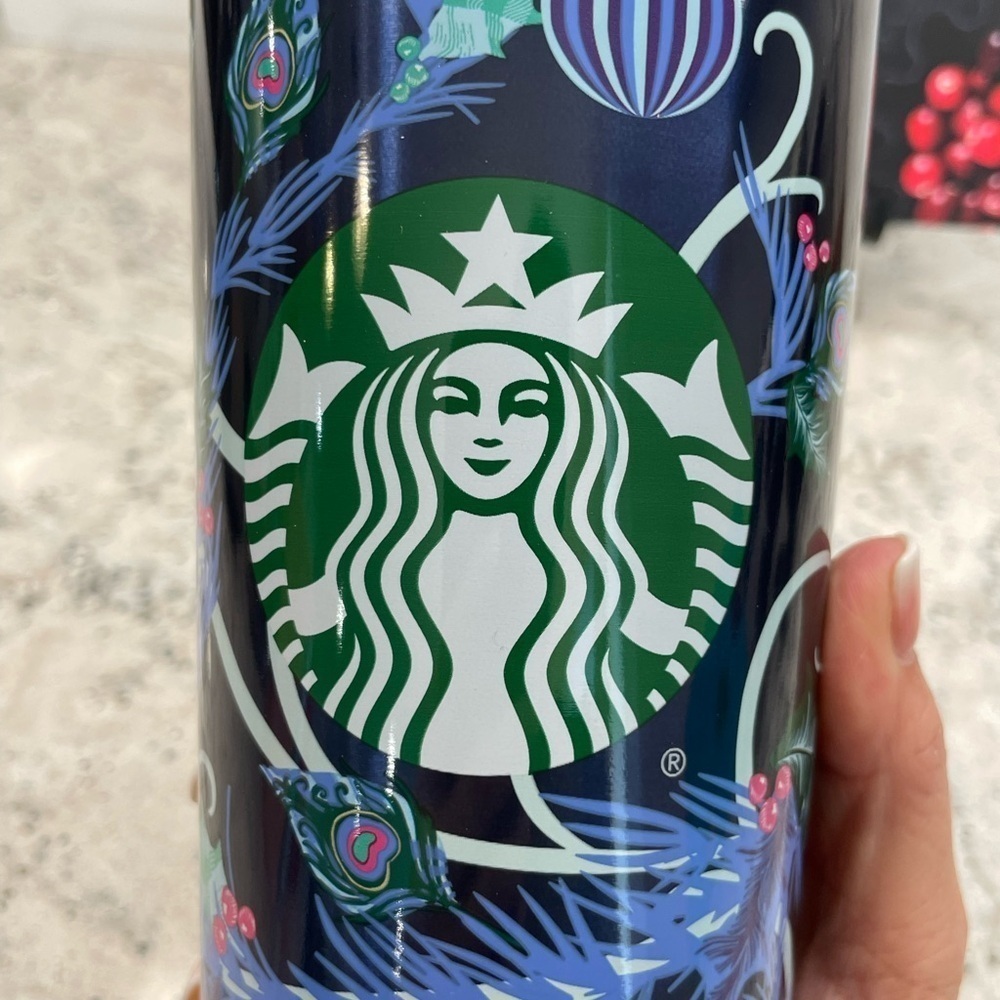 Starbucks 2024 Holiday Blue Peacock Feathers Pine Boughs Winter SS Tumbler. NWT - Picture 4 of 7